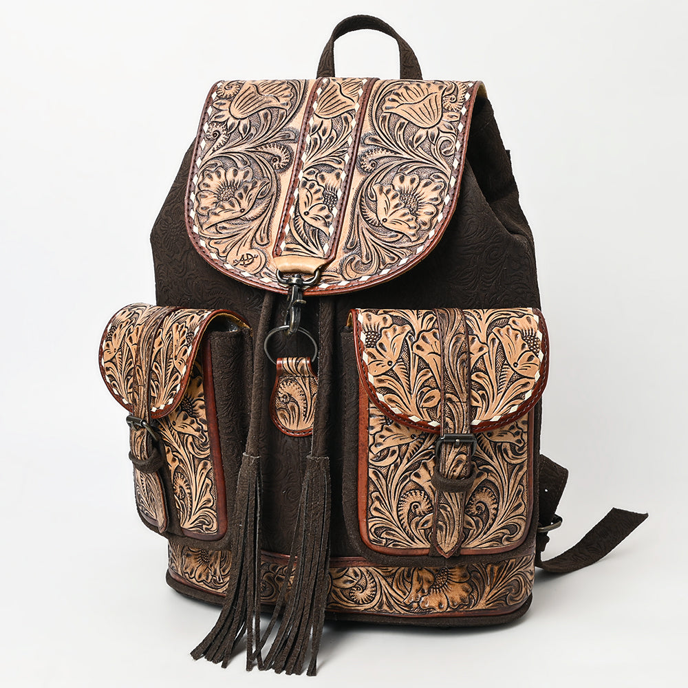 ADBG1468 Hand-Tooled Leather Western Backpack - Floral Design with Tassels by American Darling