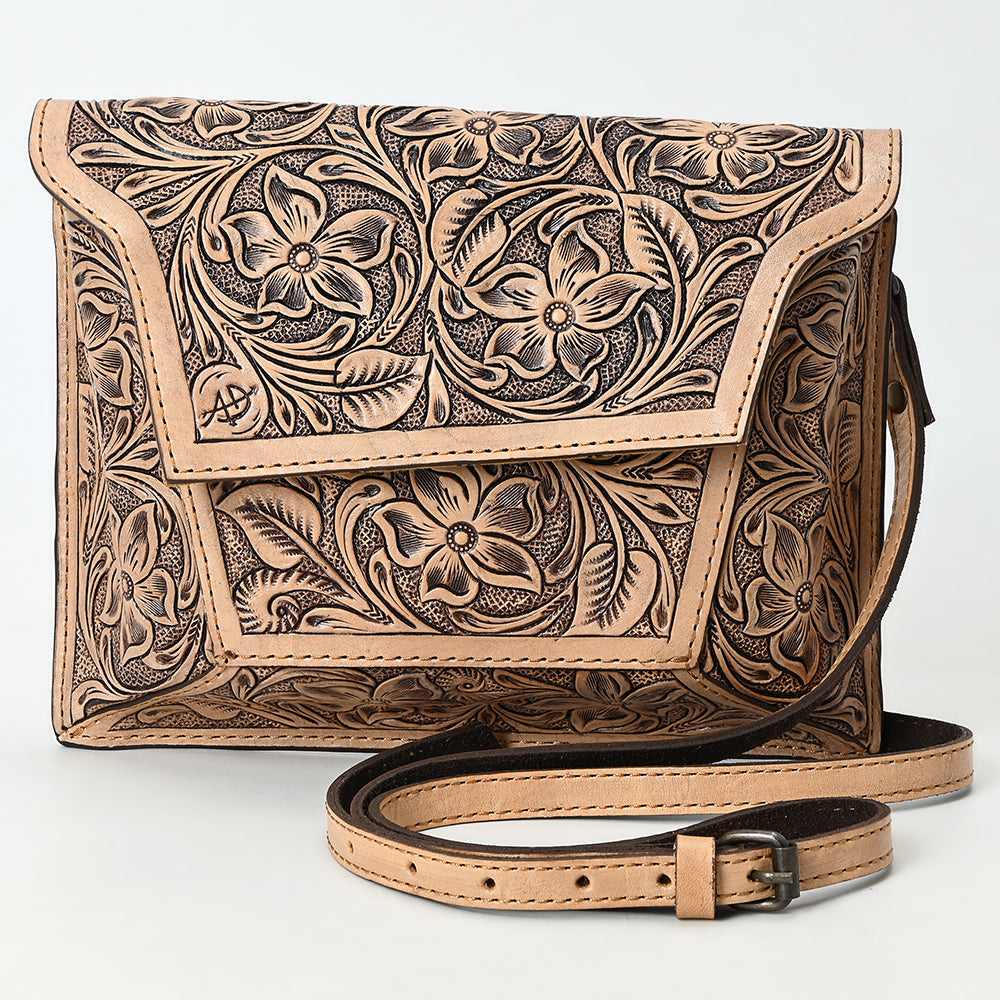 ADBG1469 Full Hand-Tooled Leather Crossbody Bag - Natural Floral Carving by American Darling