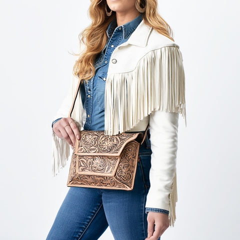 American Darling Hand-Tooled Western Leather Messenger Bag with Floral Carving and Genuine Leather Craftsmanship