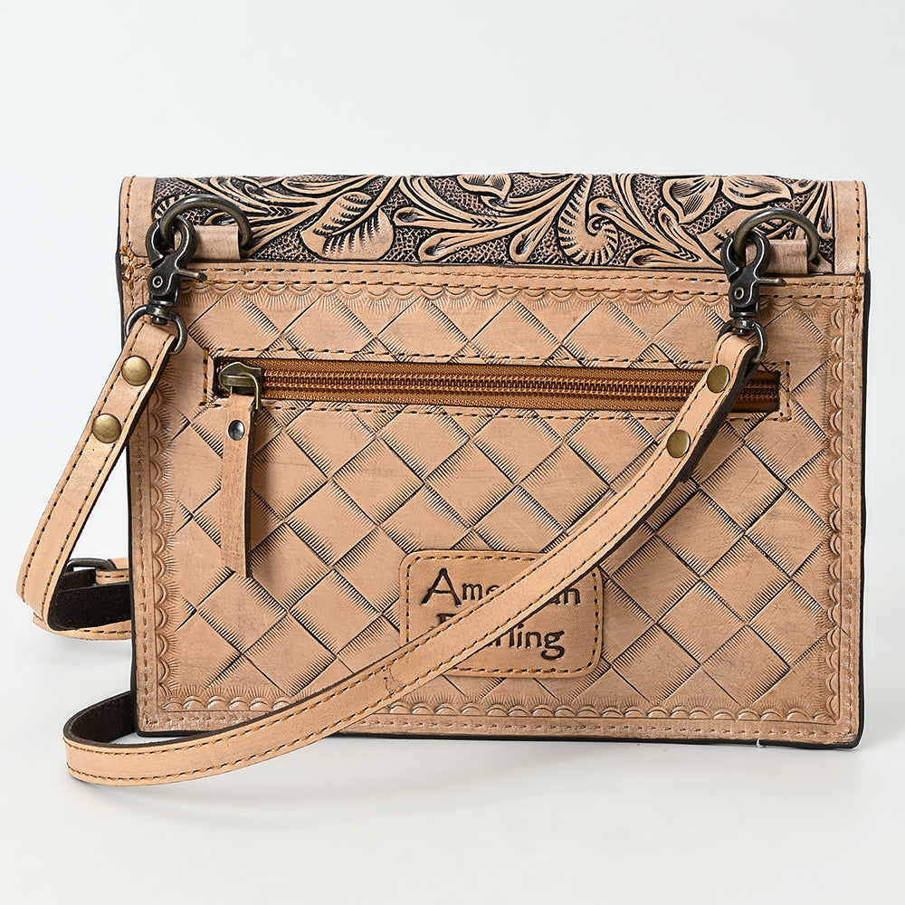 ADBG1469 Full Hand-Tooled Leather Crossbody Bag - Natural Floral Carving by American Darling