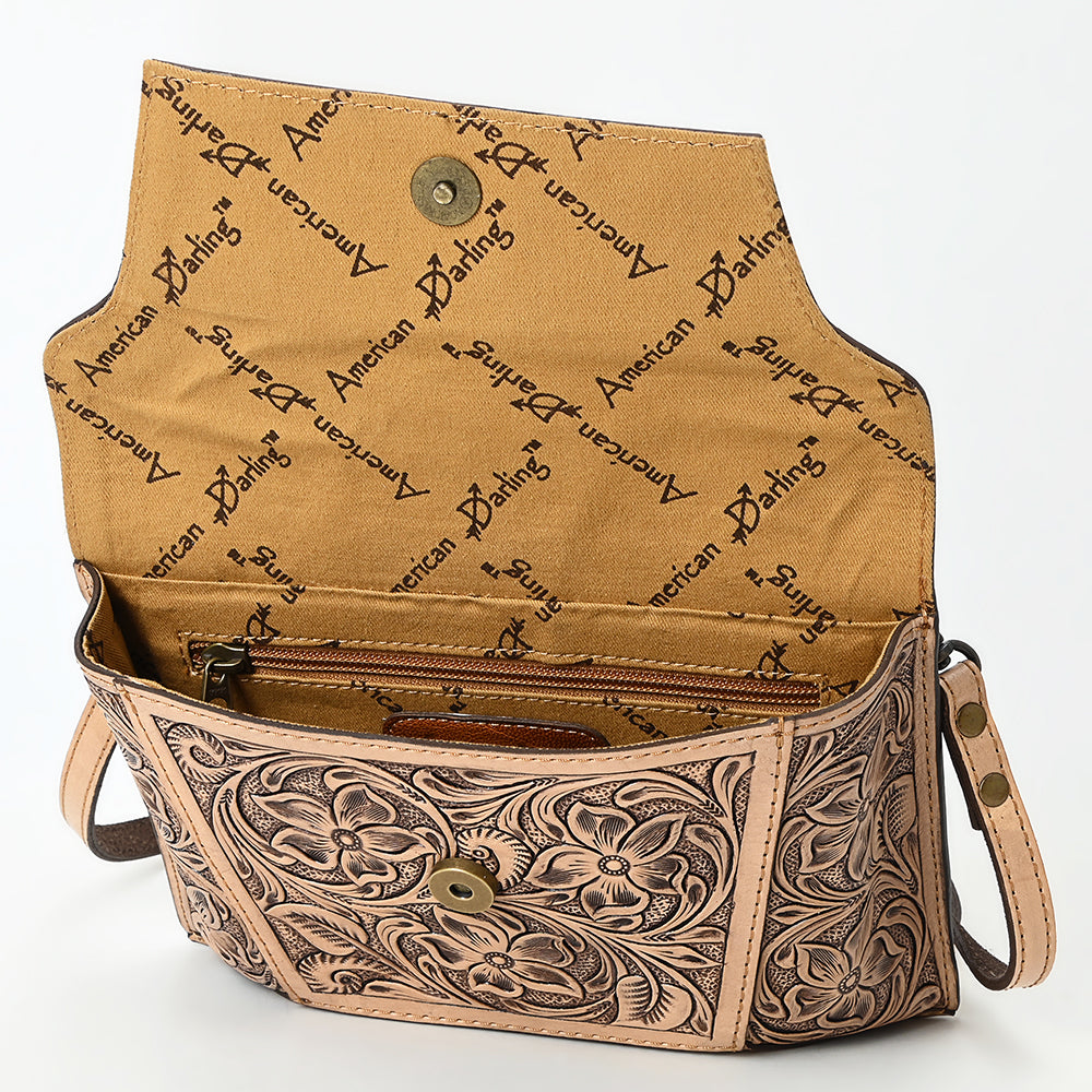 ADBG1469 Full Hand-Tooled Leather Crossbody Bag - Natural Floral Carving by American Darling