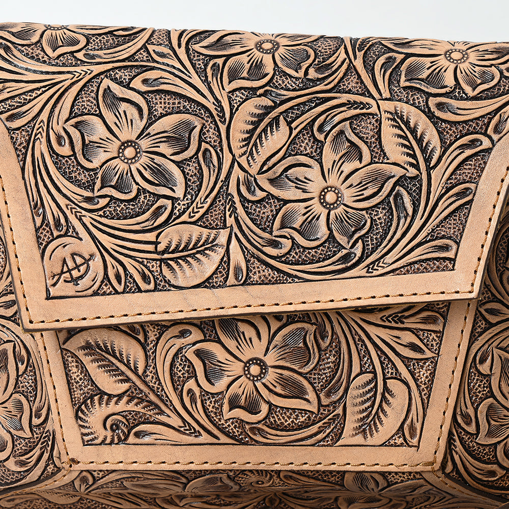 ADBG1469 Full Hand-Tooled Leather Crossbody Bag - Natural Floral Carving by American Darling