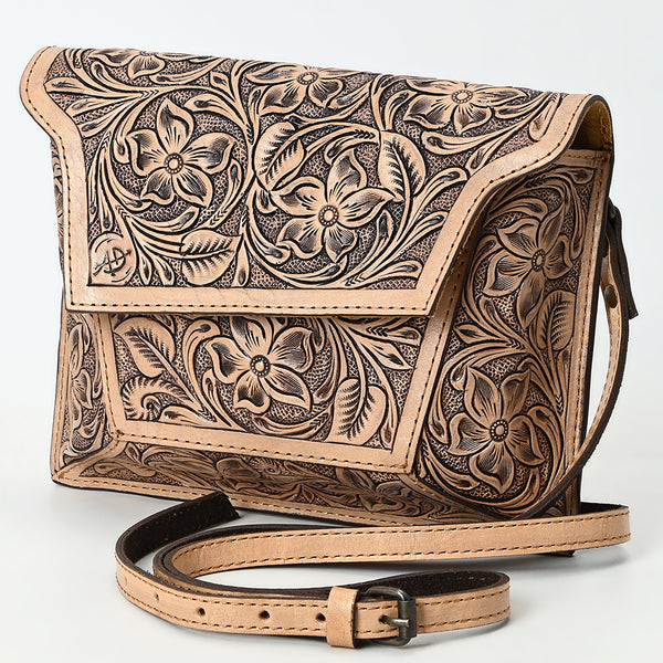 ADBG1469 Full Hand-Tooled Leather Crossbody Bag - Natural Floral Carving by American Darling