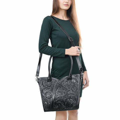 American Darling Handcrafted Western Leather Tote Bag with Floral Tooled Detailing