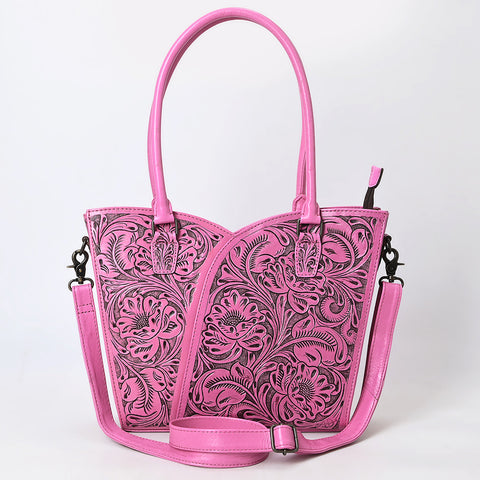 American Darling Pink Western Leather Tote Bag | Hand-Tooled Floral Carved Genuine Leather Tote