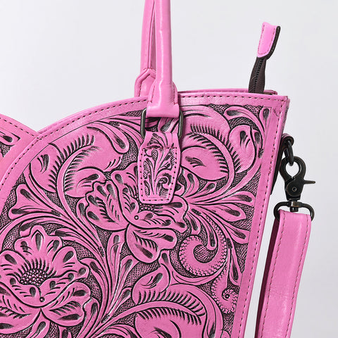 American Darling Pink Western Leather Tote Bag | Hand-Tooled Floral Carved Genuine Leather Tote