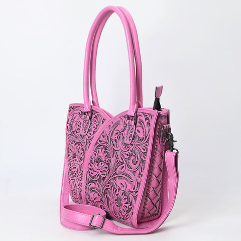 American Darling Pink Western Leather Tote Bag | Hand-Tooled Floral Carved Genuine Leather Tote