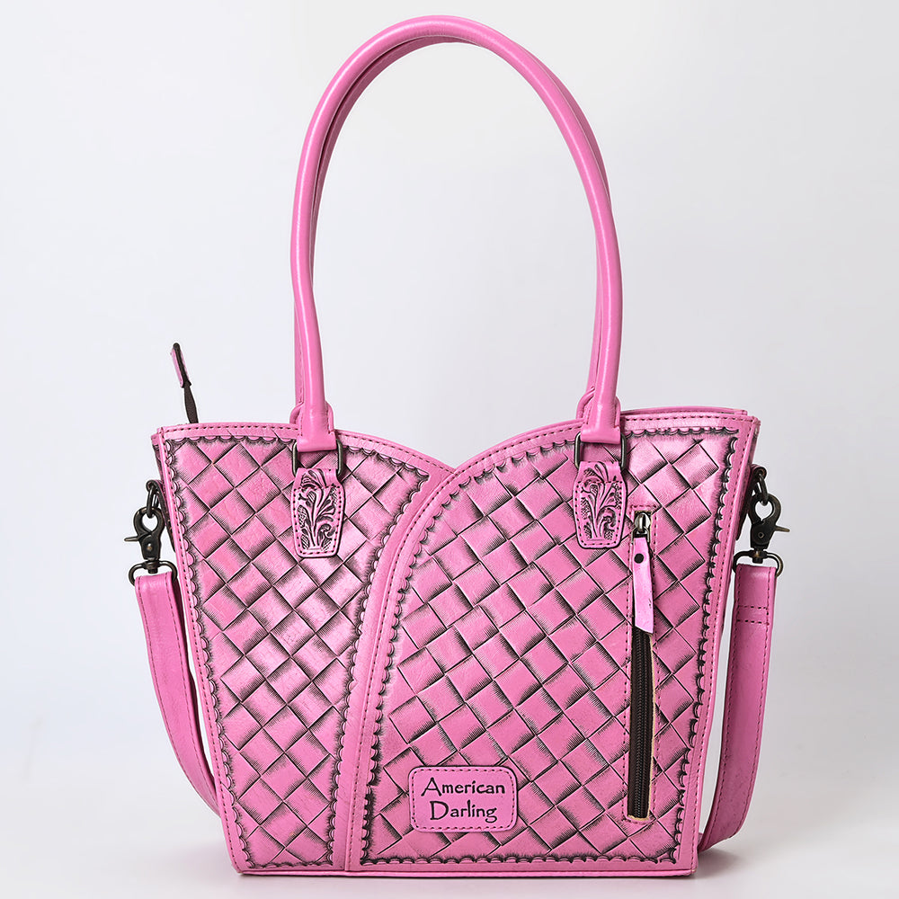 ADBG1473 Pink Hand-Tooled Leather Tote Bag - Western Floral Dual Carry by American Darling