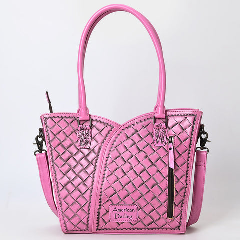 American Darling Pink Western Leather Tote Bag | Hand-Tooled Floral Carved Genuine Leather Tote