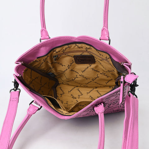 American Darling Pink Western Leather Tote Bag | Hand-Tooled Floral Carved Genuine Leather Tote