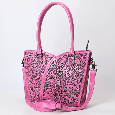 American Darling Pink Western Leather Tote Bag | Hand-Tooled Floral Carved Genuine Leather Tote