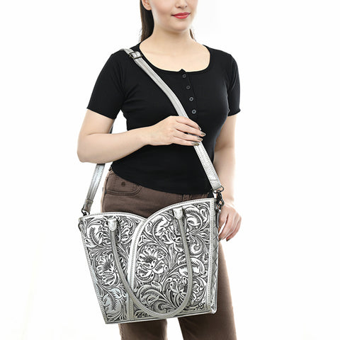 American Darling Handcrafted Western Leather Tote Bag with Floral Tooled Detailing
