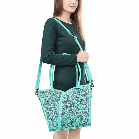 American Darling Handcrafted Western Leather Tote Bag with Floral Tooled Detailing