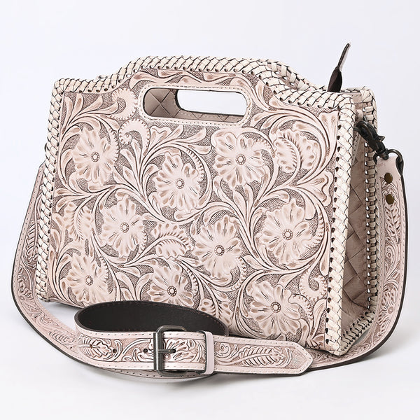 ADBG1474 Hand-Tooled Leather Western Crossbody Bag with Floral Design & Braided Edges