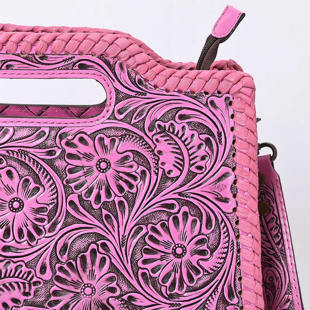 ADBG1474 Pink Hand-Tooled Leather Western Clutch Bag with Floral Design & Braided Edges