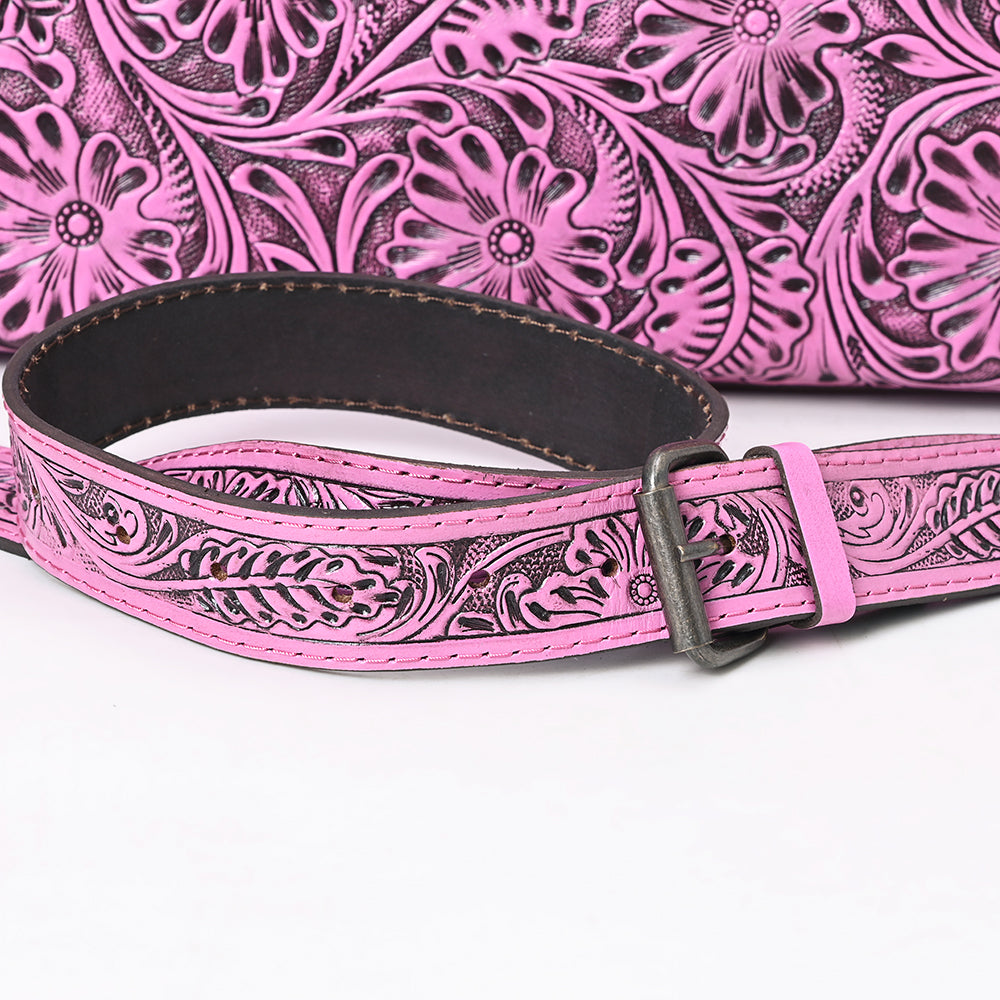 ADBG1474 Pink Hand-Tooled Leather Western Clutch Bag with Floral Design & Braided Edges
