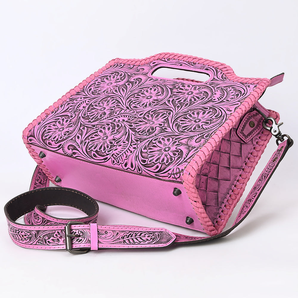 ADBG1474 Pink Hand-Tooled Leather Western Clutch Bag with Floral Design & Braided Edges