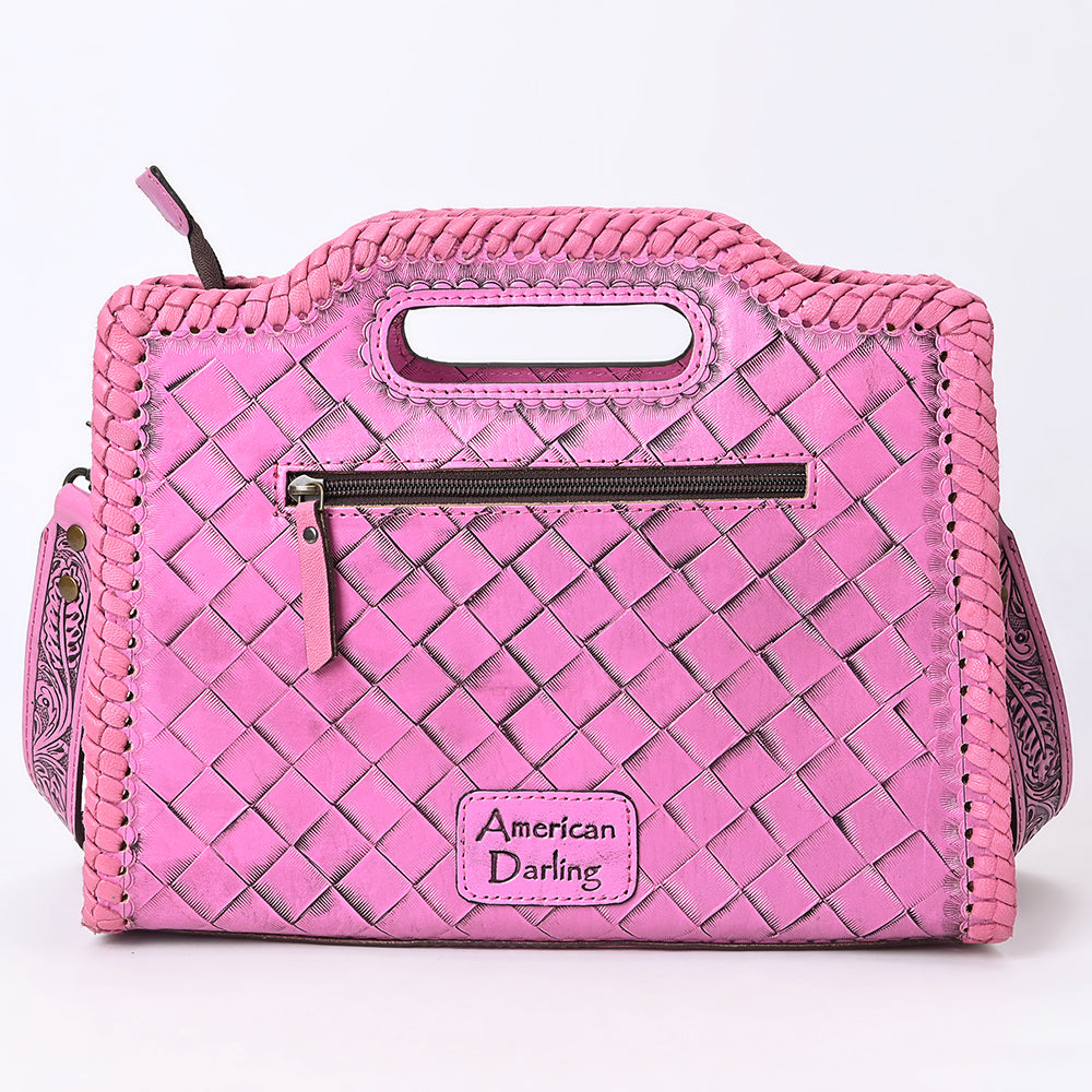 ADBG1474 Pink Hand-Tooled Leather Western Clutch Bag with Floral Design & Braided Edges