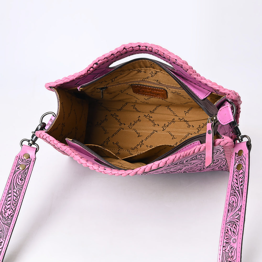 ADBG1474 Pink Hand-Tooled Leather Western Clutch Bag with Floral Design & Braided Edges