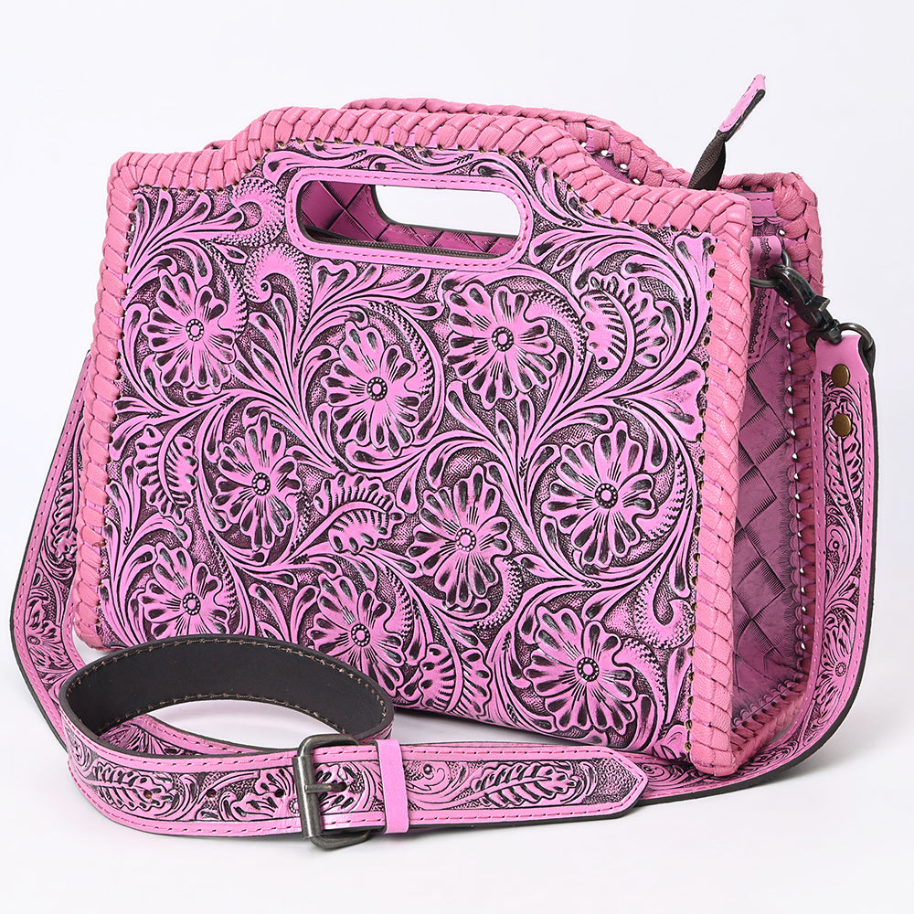 ADBG1474 Pink Hand-Tooled Leather Western Clutch Bag with Floral Design & Braided Edges