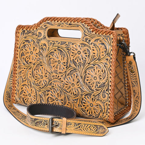 American Darling Western Hand-Tooled Genuine Leather Clutch Bag with Floral Carving