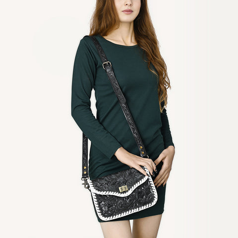 American Darling Western Genuine Leather Small Cross Body Bag with Hand-Tooled Floral Design