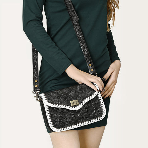 American Darling Western Genuine Leather Small Cross Body Bag with Hand-Tooled Floral Design