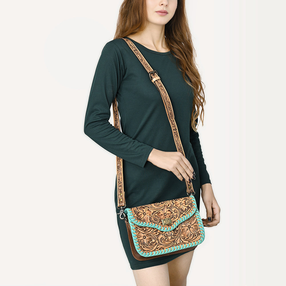 ADBG1475 Tooled Leather Crossbody Bag with Whipstitch Trim