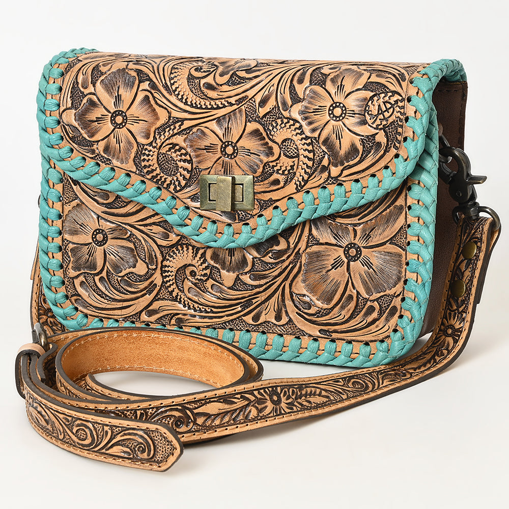 ADBG1475 Tooled Leather Crossbody Bag with Whipstitch Trim