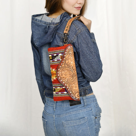 American Darling Hand Tooled Leather Western Wristlet Bag with Saddle Blanket & Floral Carved Flap