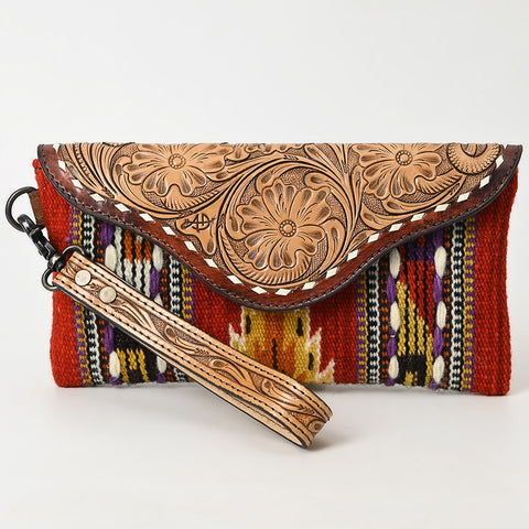American Darling Hand Tooled Leather Western Wristlet Bag with Saddle Blanket & Floral Carved Flap