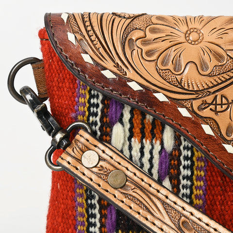 American Darling Hand Tooled Leather Western Wristlet Bag with Saddle Blanket & Floral Carved Flap