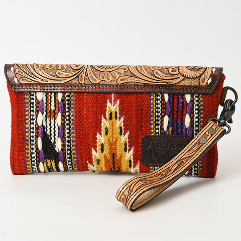 American Darling Hand Tooled Leather Western Wristlet Bag with Saddle Blanket & Floral Carved Flap