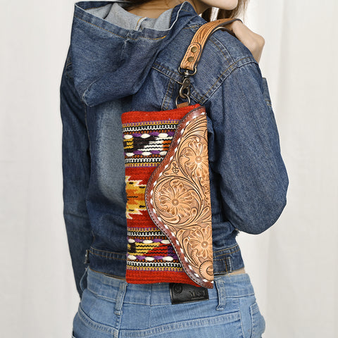American Darling Hand Tooled Leather Western Wristlet Bag with Saddle Blanket & Floral Carved Flap