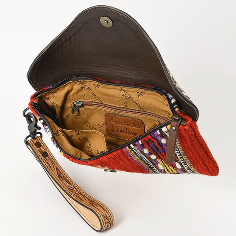 American Darling Hand Tooled Leather Western Wristlet Bag with Saddle Blanket & Floral Carved Flap