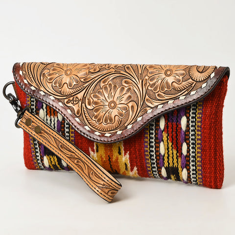 American Darling Hand Tooled Leather Western Wristlet Bag with Saddle Blanket & Floral Carved Flap