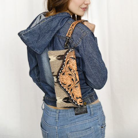 American Darling Hand Tooled Leather Western Wristlet Bag with Saddle Blanket & Floral Carved Flap