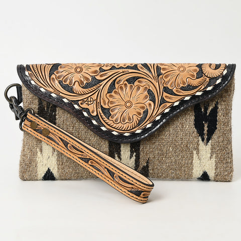 American Darling Hand Tooled Leather Western Wristlet Bag with Saddle Blanket & Floral Carved Flap