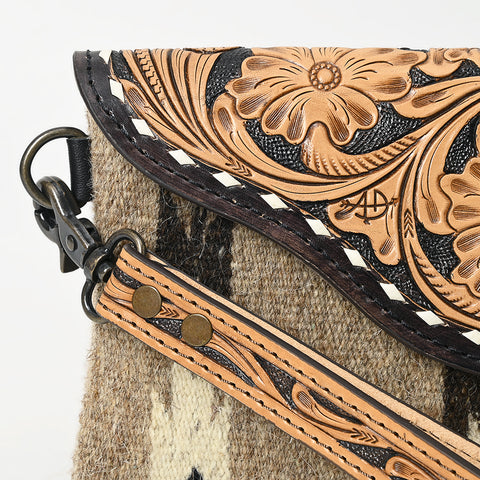 American Darling Hand Tooled Leather Western Wristlet Bag with Saddle Blanket & Floral Carved Flap