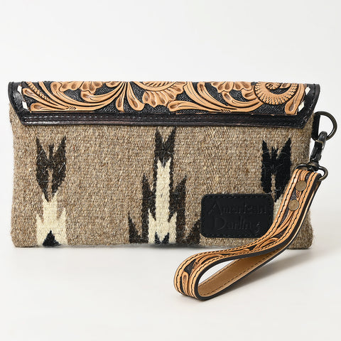 American Darling Hand Tooled Leather Western Wristlet Bag with Saddle Blanket & Floral Carved Flap