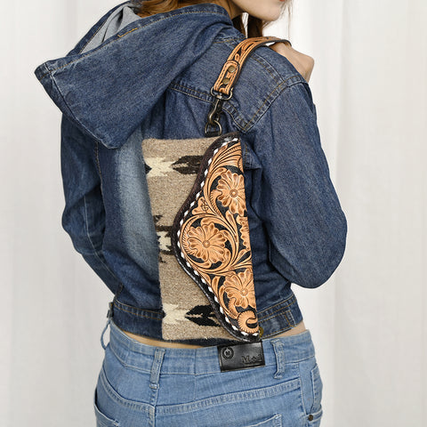 American Darling Hand Tooled Leather Western Wristlet Bag with Saddle Blanket & Floral Carved Flap