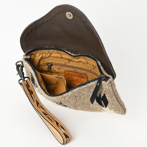 American Darling Hand Tooled Leather Western Wristlet Bag with Saddle Blanket & Floral Carved Flap