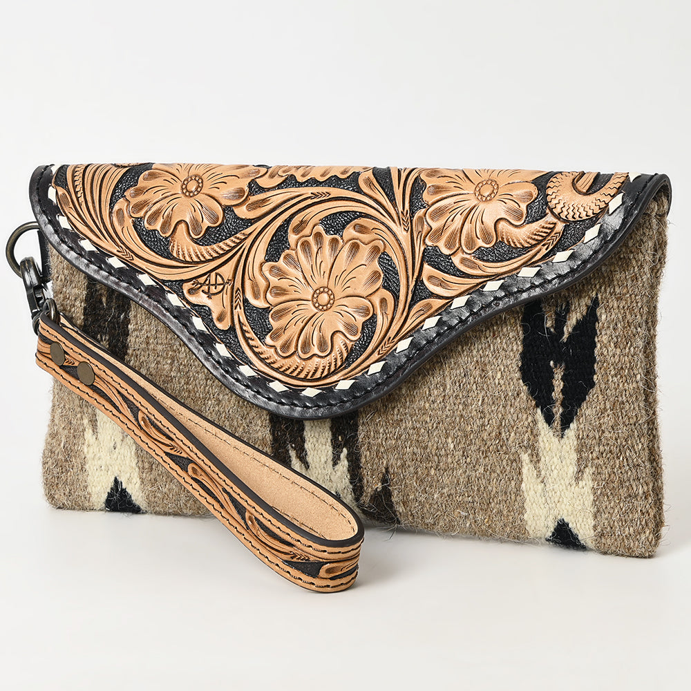 ADBG1477 Hand Tooled Leather & Saddle Blanket Wristlet - Western Clutch by American Darling