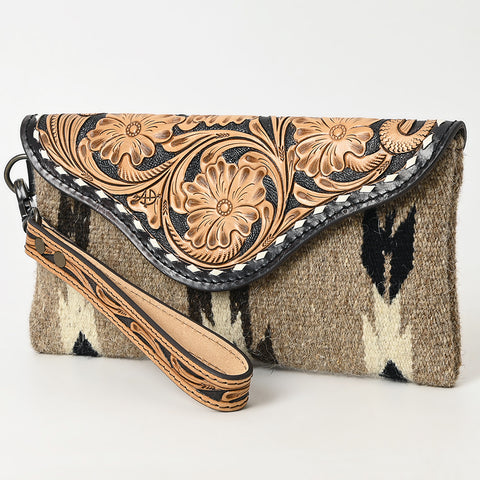 American Darling Hand Tooled Leather Western Wristlet Bag with Saddle Blanket & Floral Carved Flap