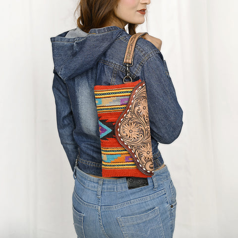 American Darling Hand Tooled Leather Western Wristlet Bag with Saddle Blanket & Floral Carved Flap