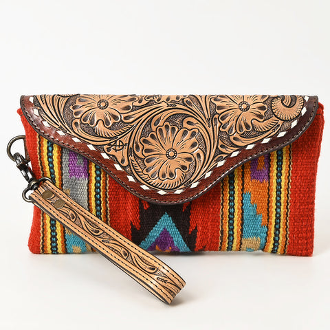 American Darling Hand Tooled Leather Western Wristlet Bag with Saddle Blanket & Floral Carved Flap