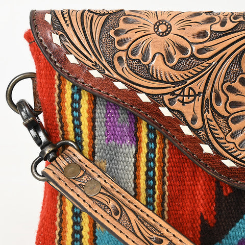American Darling Hand Tooled Leather Western Wristlet Bag with Saddle Blanket & Floral Carved Flap