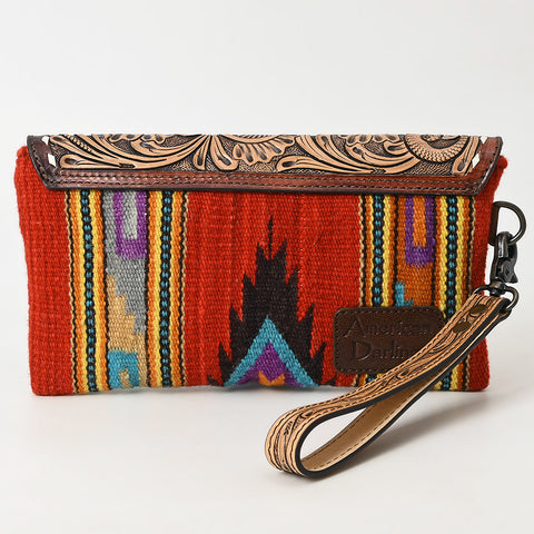 American Darling Hand Tooled Leather Western Wristlet Bag with Saddle Blanket & Floral Carved Flap