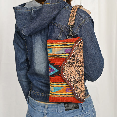 American Darling Hand Tooled Leather Western Wristlet Bag with Saddle Blanket & Floral Carved Flap