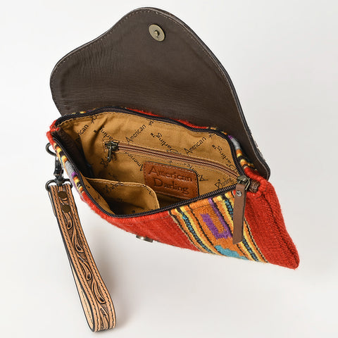 American Darling Hand Tooled Leather Western Wristlet Bag with Saddle Blanket & Floral Carved Flap